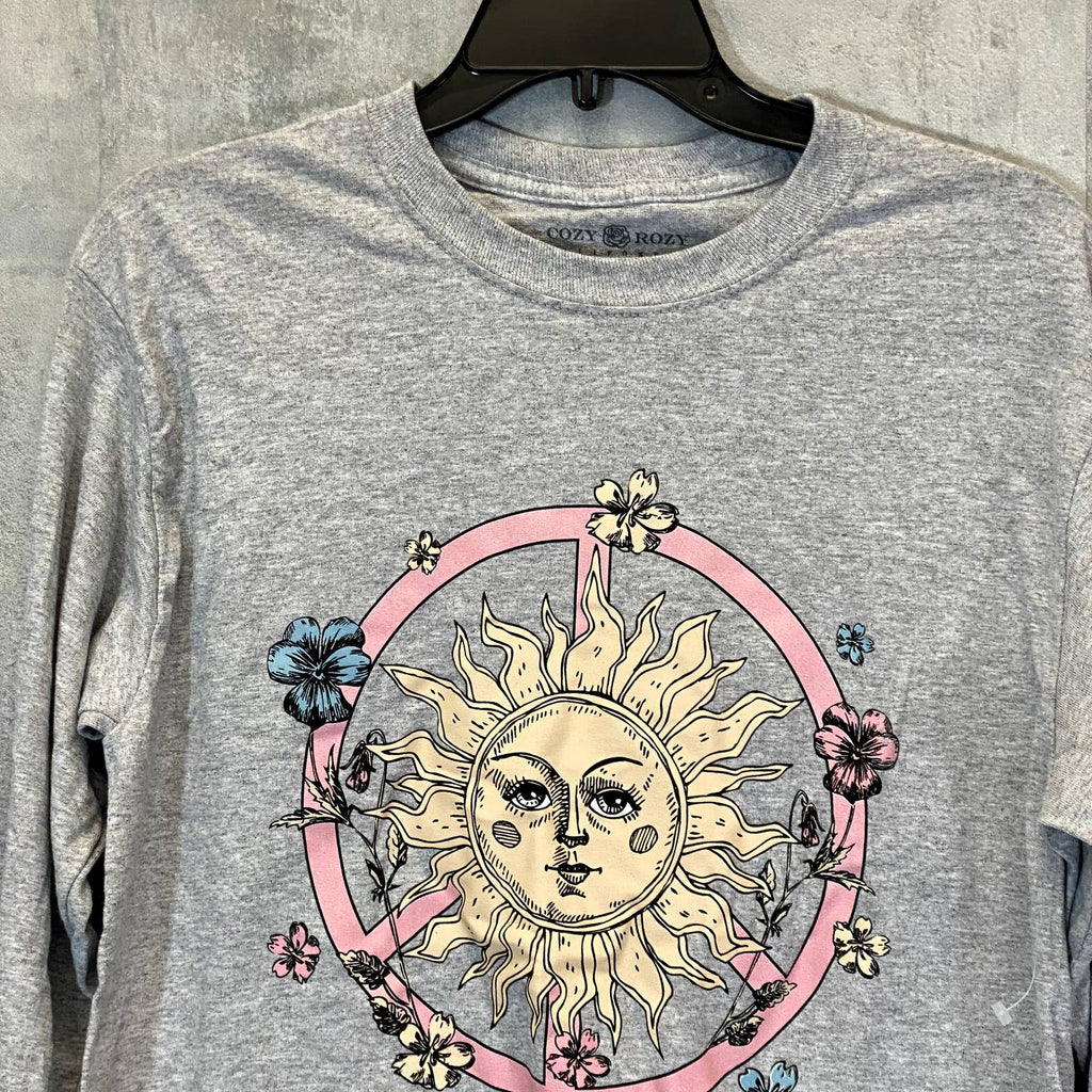 COZY ROZY Women's Heather Charcoal Graphic Crewneck Long Sleeve Raw Hem T-Shirt SZ M