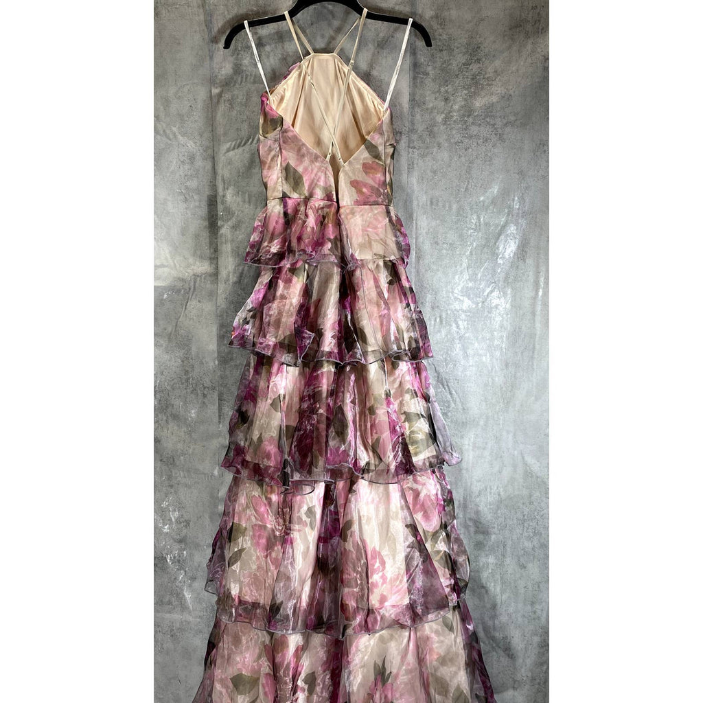SPEECHLESS Juniors' Grey-Fuchsia Organza Floral-Print Tiered Halter Dress SZ 13
