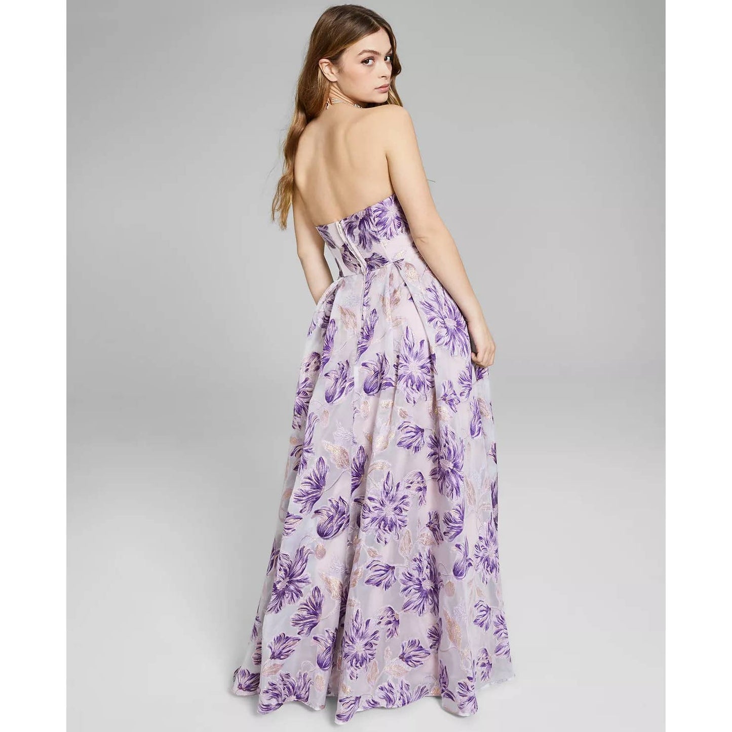 SPEECHLESS Women's Violet/Gold Metallic Jacquard Floral Strapless Maxi Gown SZ15