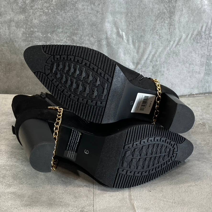 NEW YORK & COMPANY Women's Black Fallon Chain Side-Zip Block-Heel Booties SZ 9