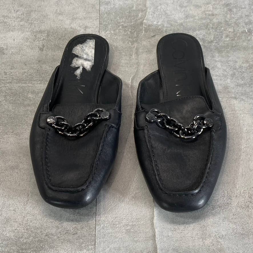 CALVIN KLEIN Women's Black Leather Ella Chain Square-Toe Loafer Mules SZ 6.5