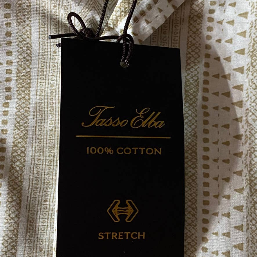 TASSO ELBA Brown Stretch Geo Tile-Print Camp Collar Short Sleeve Shirt SZ L