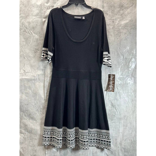 NINA LEONARD Women's Black Knit Geometric-Trim Fit & Flare Mini Dress SZ M