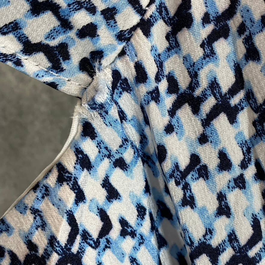DKNY Women's Blue Printed Flutter-Sleeve V-Neck Faux-Wrap Dress SZ 14
