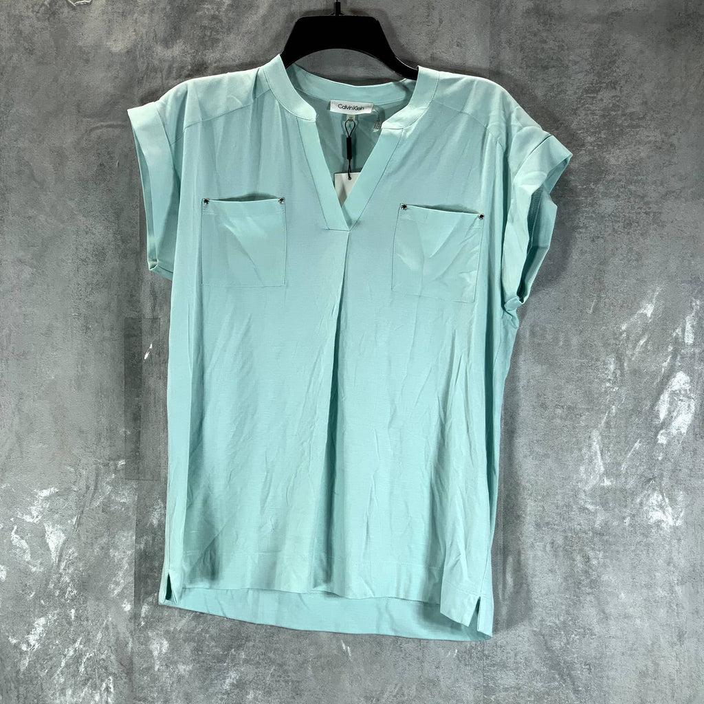 CALVIN KLEIN Women's Seaspray V-Neck Mixed-Texture Short Sleeve Top SZ XS