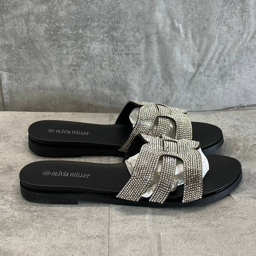 OLIVIA MILLER Women's Black Saltspring Rhinestone Embellished Strap Slide Sandals SZ 8