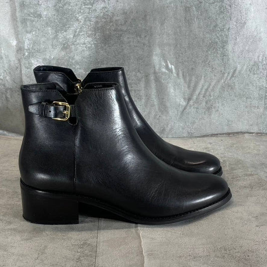 COLE HAAN Women's Black Leather Haidyn Block-Heel V-Cut Buckle Ankle Boots SZ 10