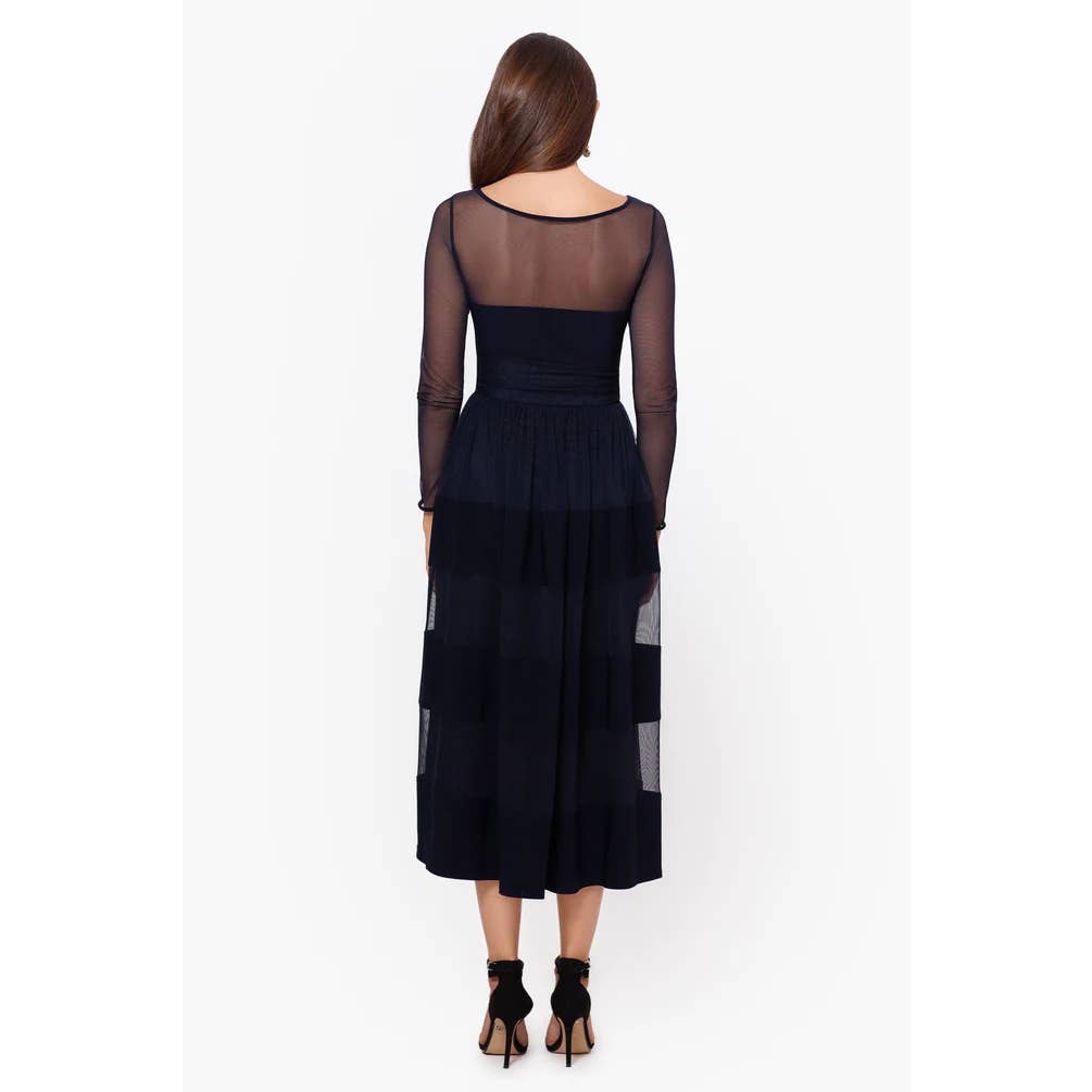 BETSY & ADAM Women's Navy Bailey Illusion Trim Long-Sleeve Fit & Flare Midi
