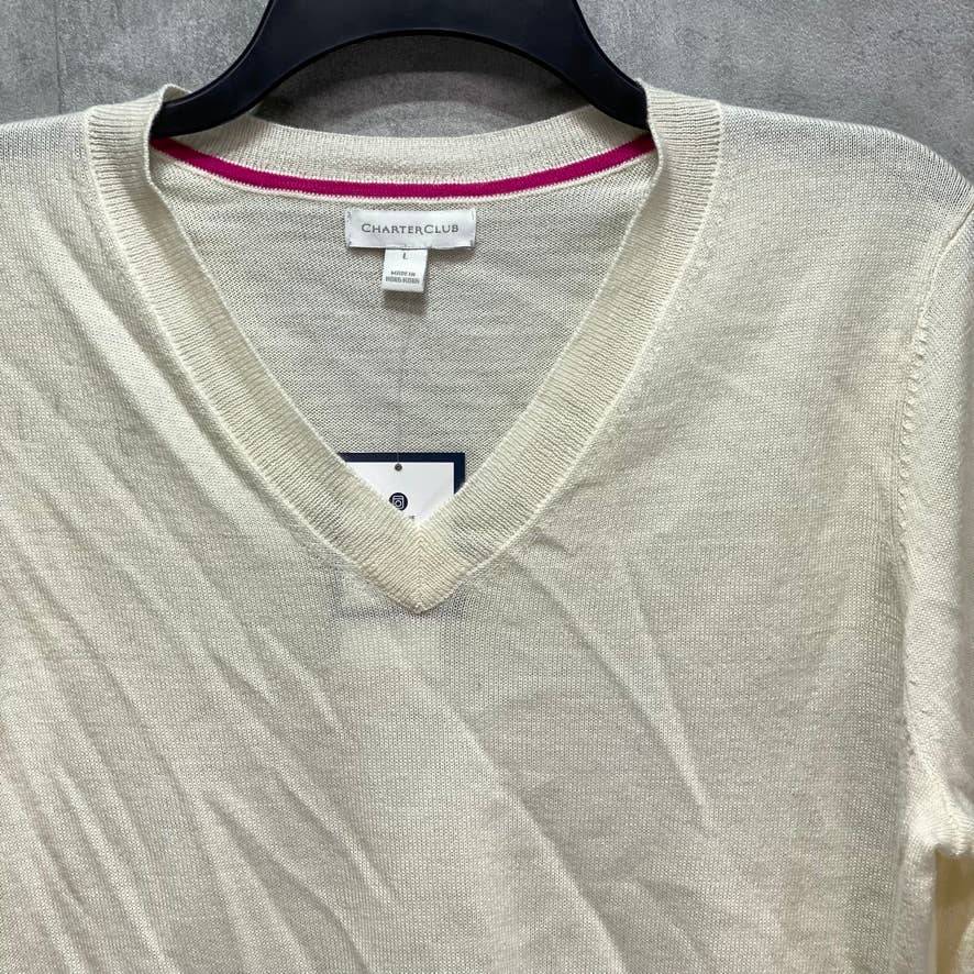 CHARTER CLUB Cloud Merino Wool Button-Cuff V-Neck Pullover Sweater SZ L