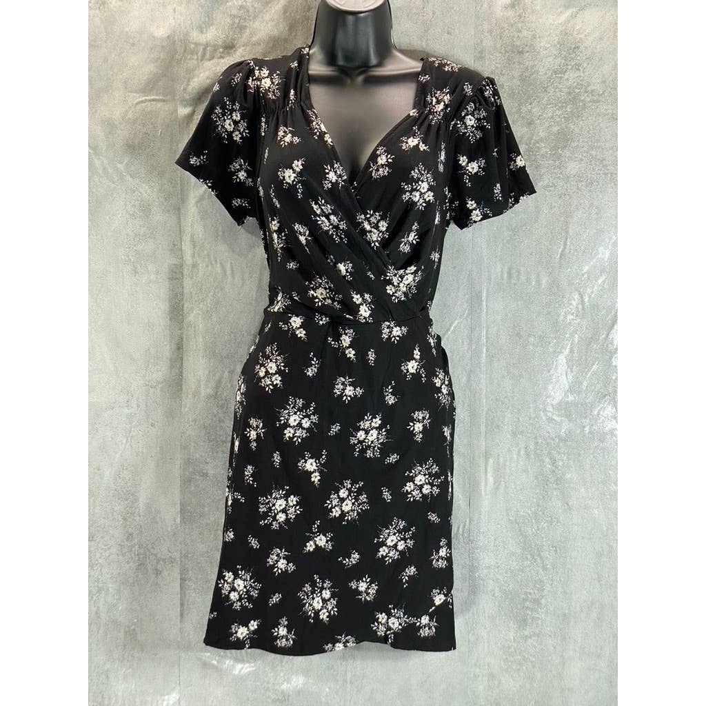 ULTRA FLIRT Juniors' Black Floral-Print V-Neck Faux-Wrap Bodycon Mini Dress SZXL
