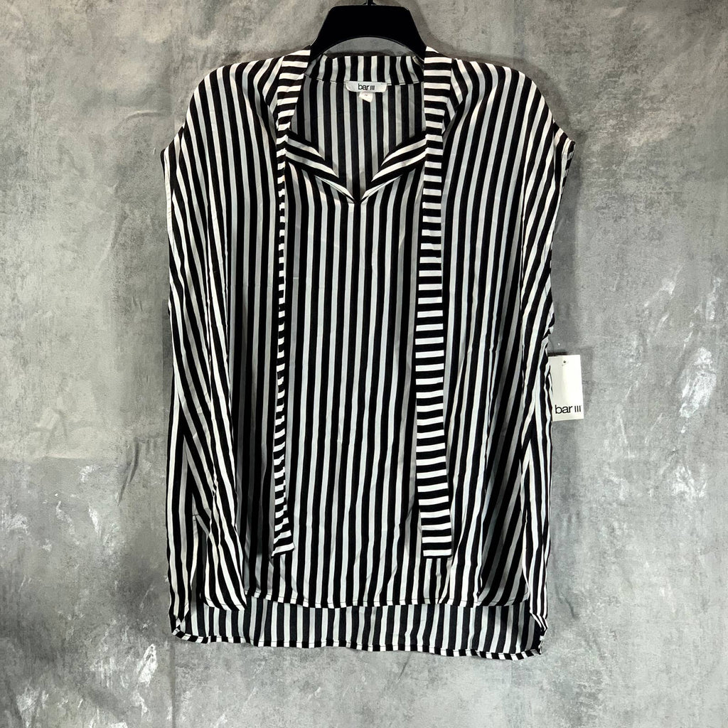 BAR III Women's Plus Size Black/Lily Striped Tie-Neck Hi-Low Top SZ 1X