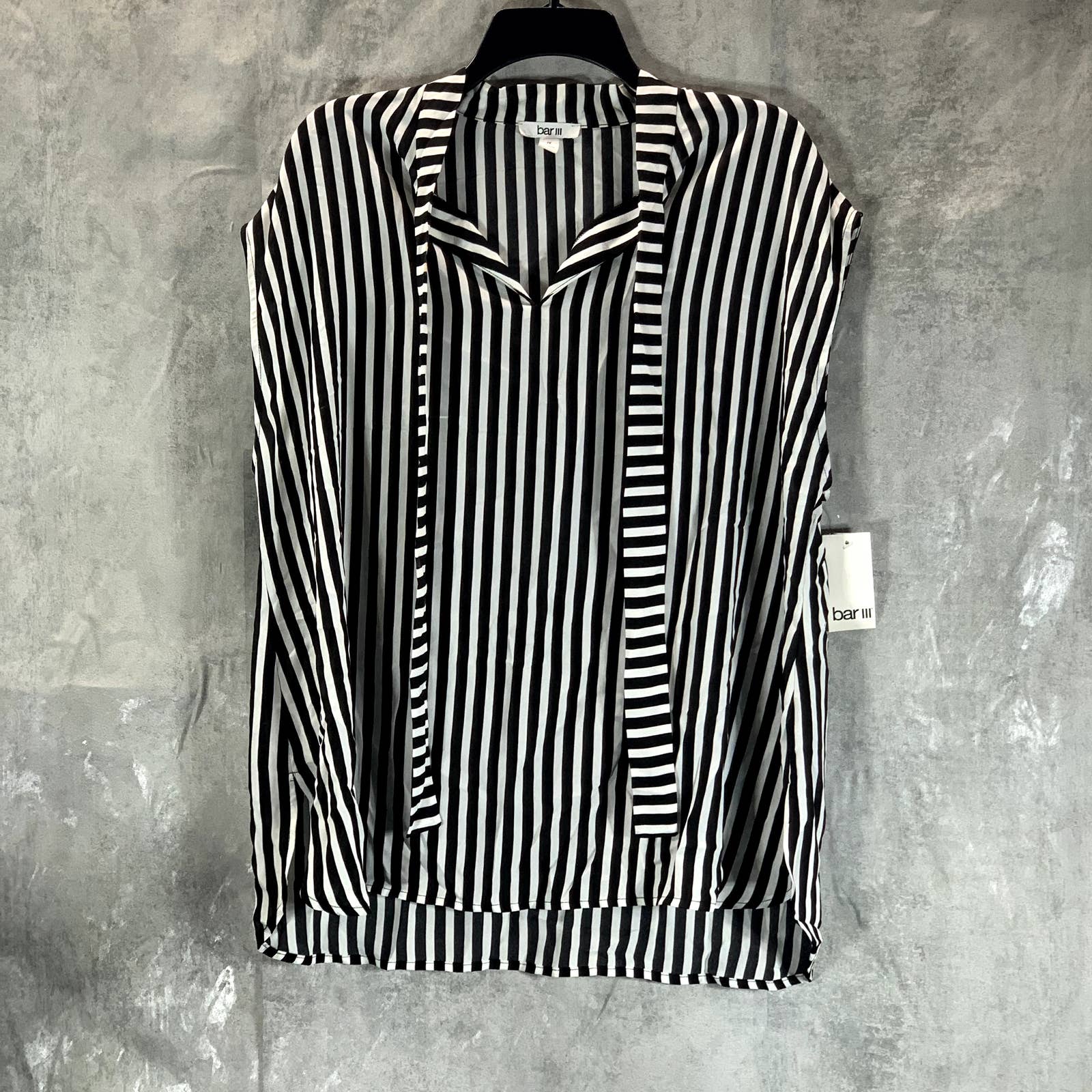 BAR III Women's Plus Size Black/Lily Striped Tie-Neck Hi-Low Top SZ 1X