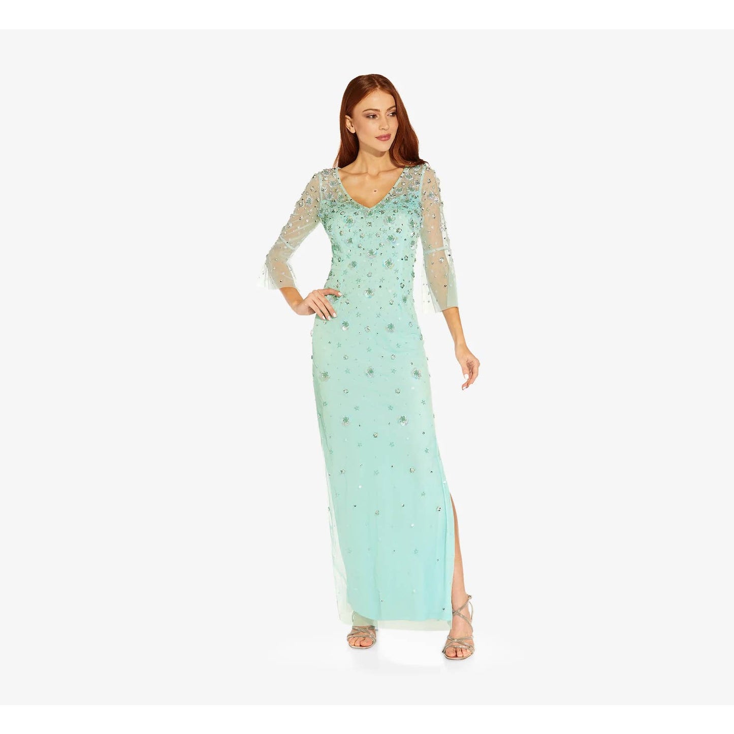 ADRIANNA PAPELL Women's Sea Glass Beaded 3D Floral V-Neck 3/4 Sleeve Maxi Gown