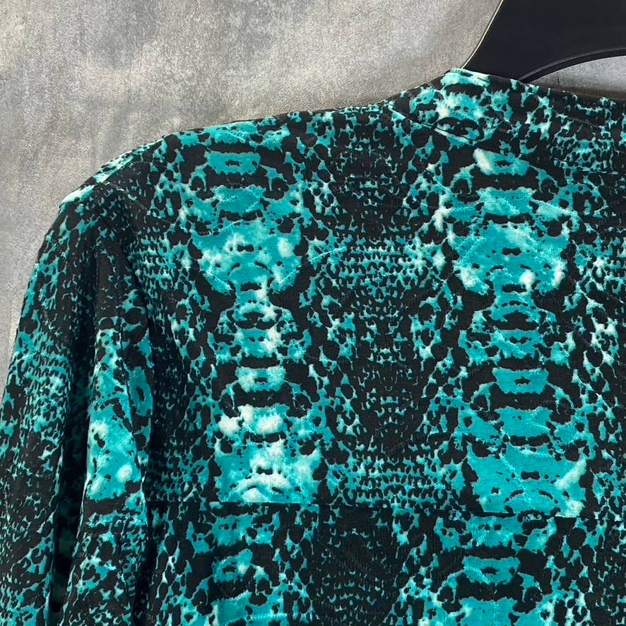 NY COLLECTION Women's Teal Plaid 3/4 Bell Sleeve Y-Neck Pleated Top SZ L