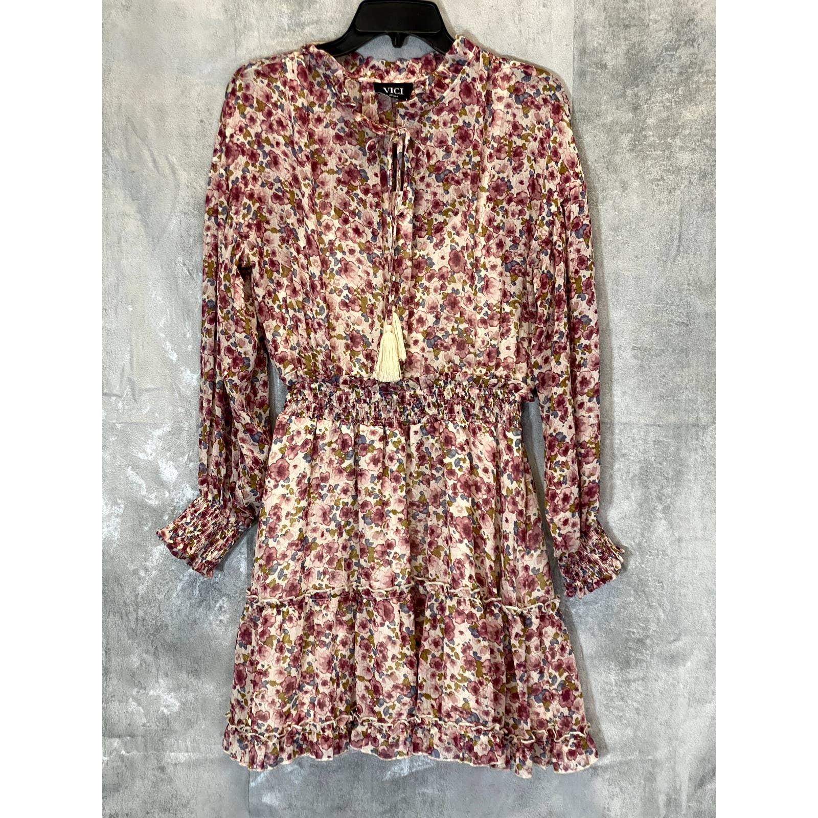 VICI COLLECTION Women's Natural Multi Floral Long Sleeve Smocked Mini Dress SZ M