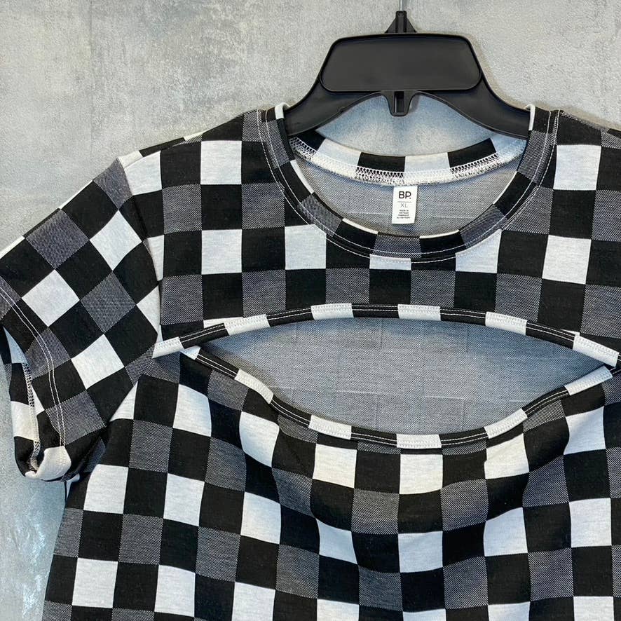 BP. Women's Black-White Aurora Plaid Crewneck Cutout Short Sleeve Top SZ XL