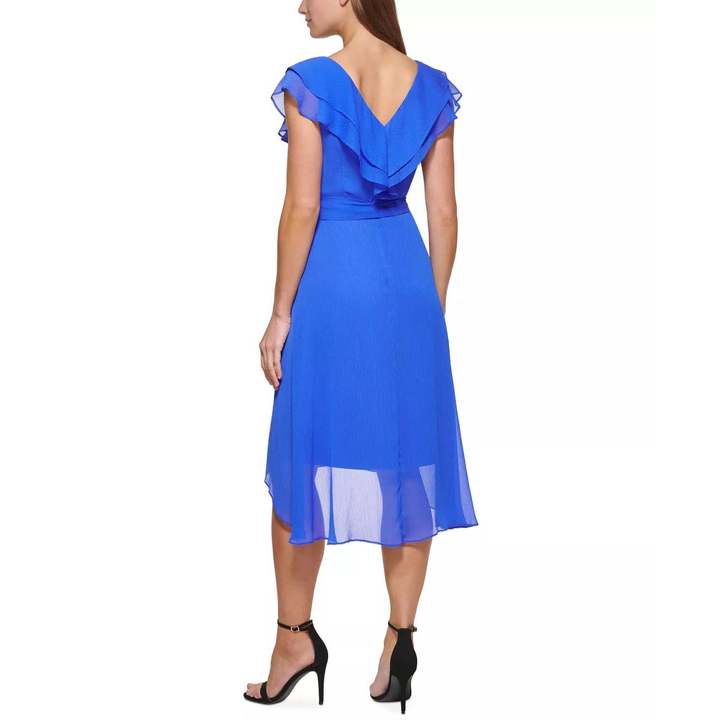 DKNY Women's Blue Ruffle Belted V-Neck Mesh Short-Sleeve Midi Dress SZ 2