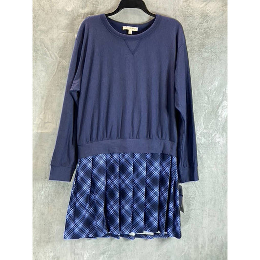 KINGSTON GREY Juniors' Navy Check Pleated Skirt Crewneck Mini Sweater Dress SZXL