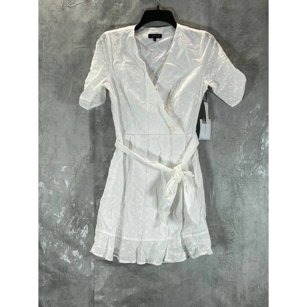 1. STATE Women's White Eyelet Wrap-Front Ruched Elbow-Sleeve Mini Dress SZ 2
