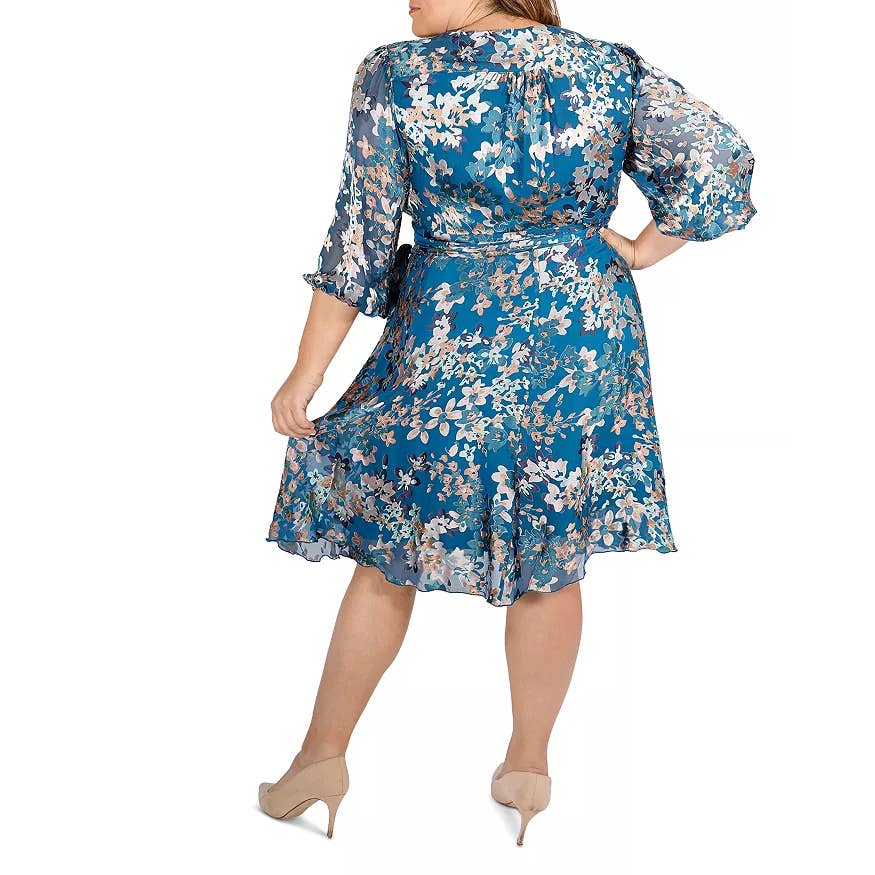 MAREE POUR TOI Women's Plus Size Blue Floral Burnout Silk3/4 Sleeve Wrap Dress
