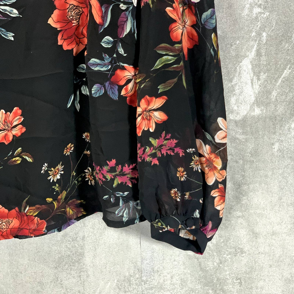 VINC CAMUTO Women's Rich Black Floral-Print Scoop-Neck Long-Sleeve Top SZ XS
