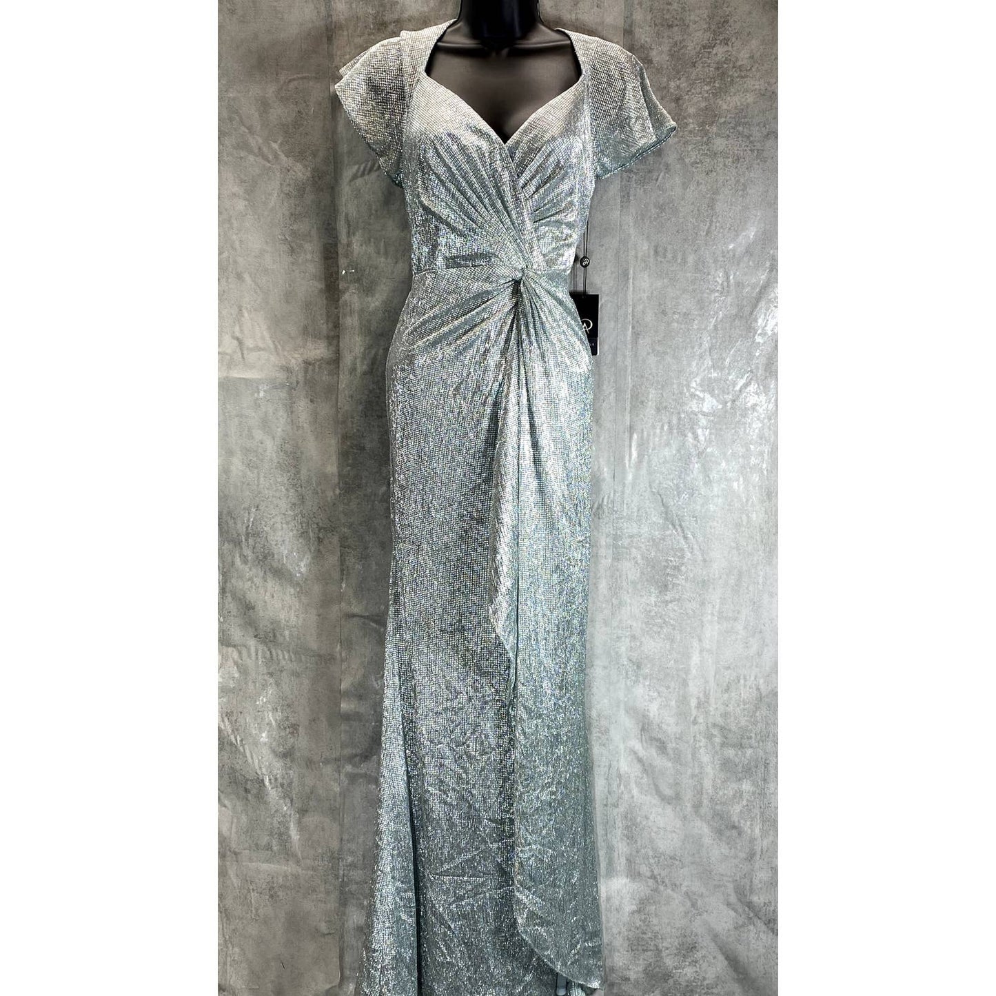 ADRIANNA PAPELL Women's Sea Glass Metallic Mesh Twist Short Sleeve Maxi Gown SZ6