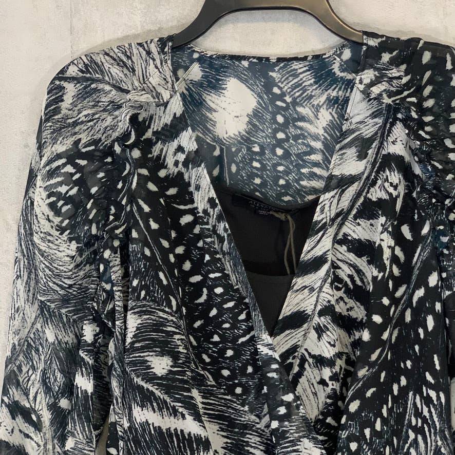 ALLSAINTS Black Fara Stretto Chiffon Monochrome Print Wrap Top SZ 4