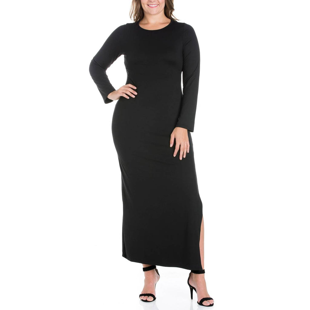 24SEVEN COMFORT APPAREL Solid Black Fitted Long Sleeve Side Slit Maxi Dress SZ XL