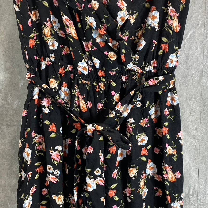 KINGSTON GREY Juniors' Black Floral Ruffle V-Neck Tie-Waist Pant Jumpsuit SZ S