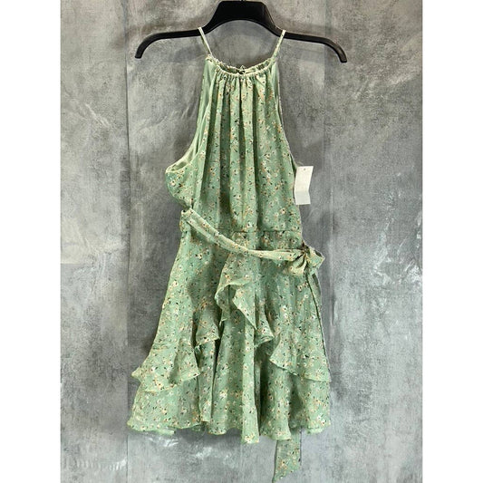 TRIXXI Juniors' Green Floral Halter Ruffle Tie-Waist Fit & Flare Mini Dress SZ L