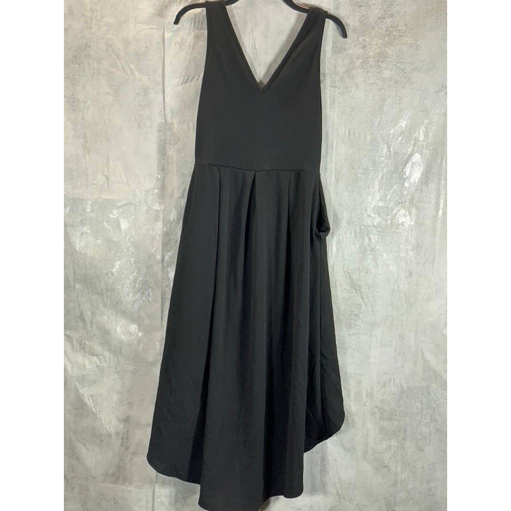 24SEVEN COMFORT APPAREL Women's Solid Black V-Neck Pocketed Hi-Low Dress SZ S