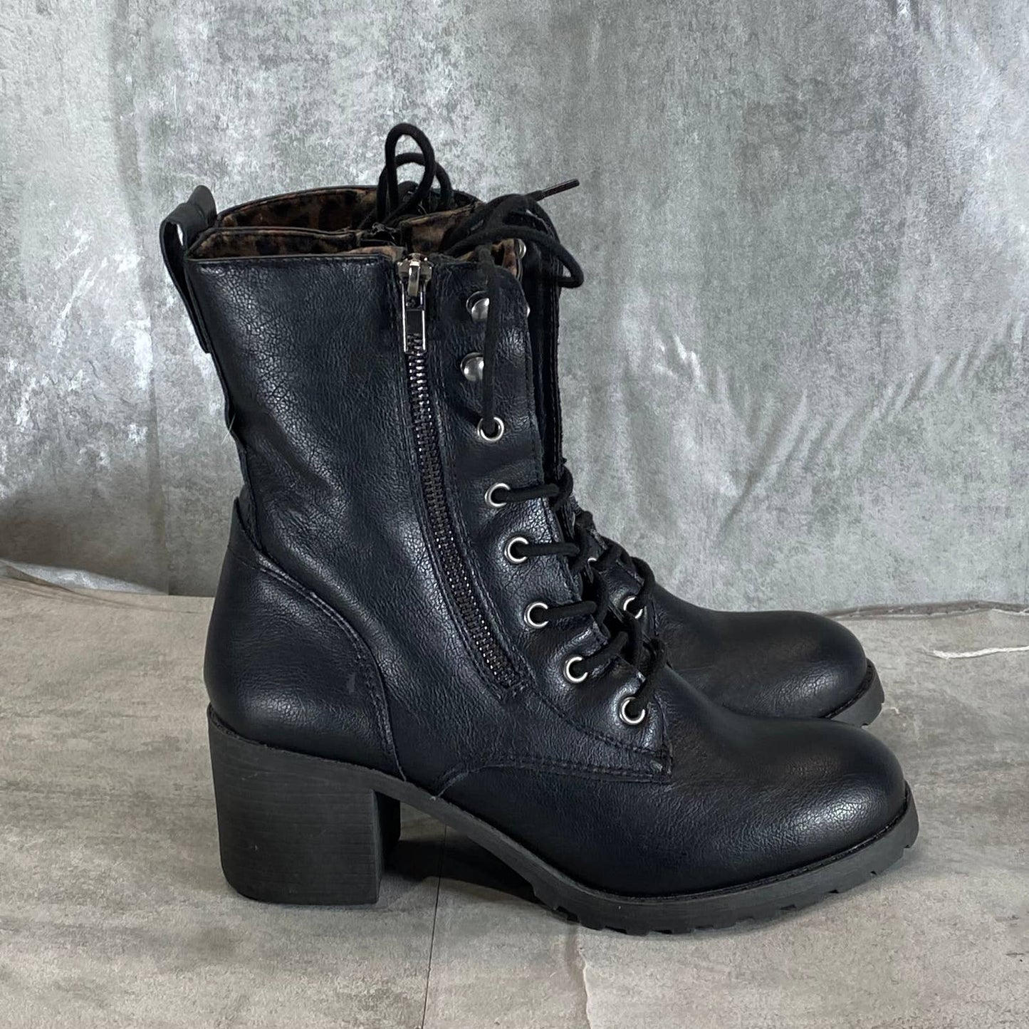 SUN+STONE Women's Black Sloanie Block-Heel Lug Sole Side-Zip Hiker Boots SZ 8.5