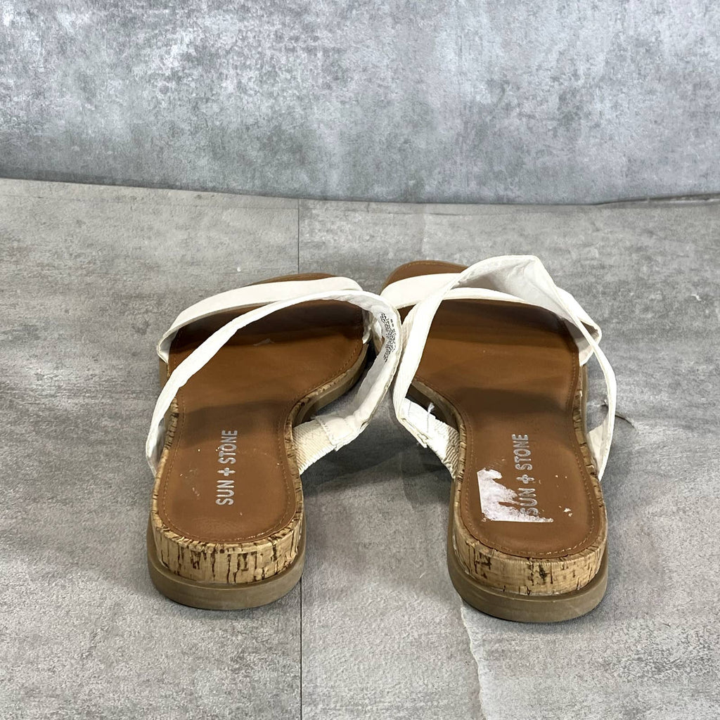 SUN+STONE Women's White Easten Embossed Round-Toe Slide Wedge Sandals SZ 6.5