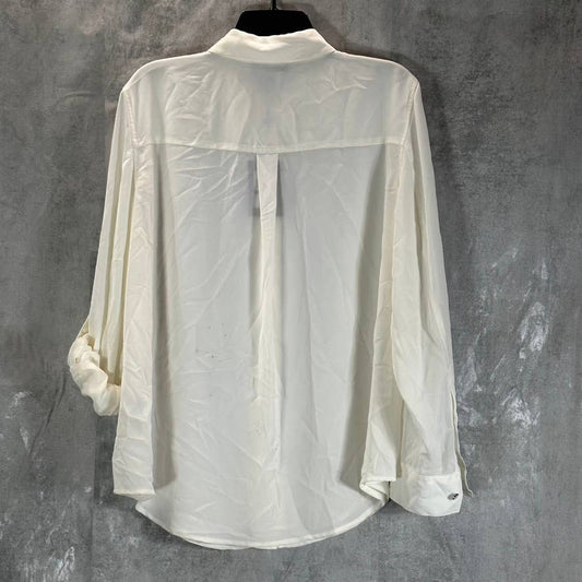 DKNY Women's Ivory Cuffed-Sleeve Hidden-Placket Top SZ L