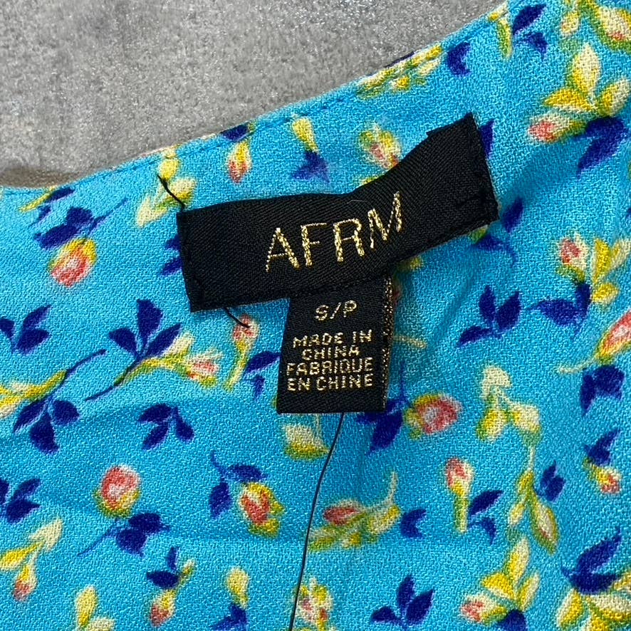 AFRM Women's Bright Blue Floral Print Soni Ruched Balloon Sleeve Crop Top SZ S