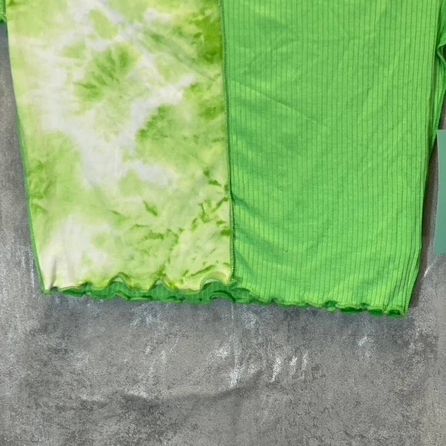 ABOUND Women's Green Summer Tie-Dye Colorblock Lettuce Edge Rib Short Sleeve Top SZ M