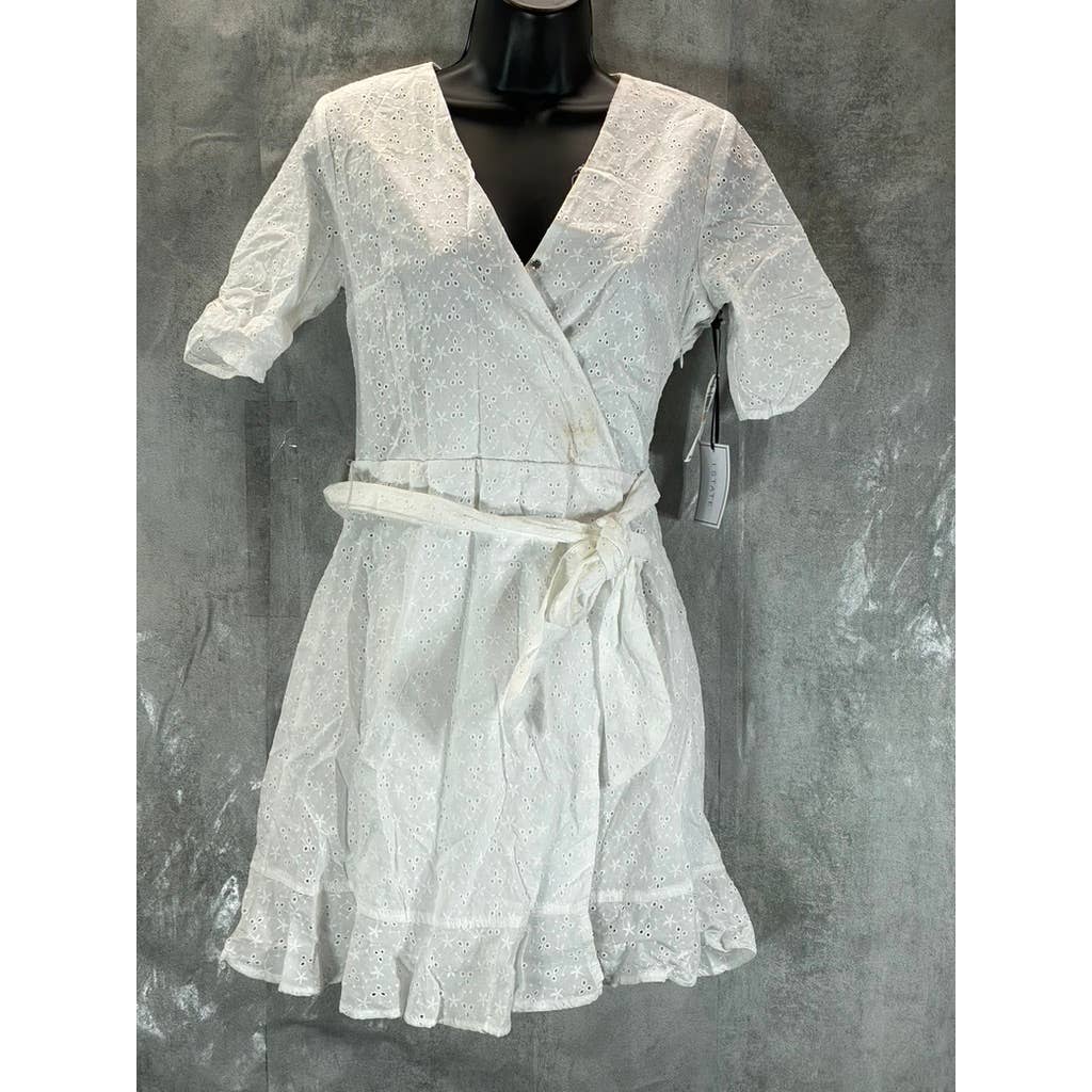 1. STATE Women's White Eyelet Wrap-Front Ruched Elbow-Sleeve Mini Dress SZ 2