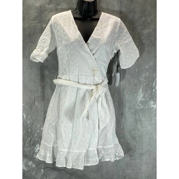 1. STATE Women's White Eyelet Wrap-Front Ruched Elbow-Sleeve Mini Dress SZ 2