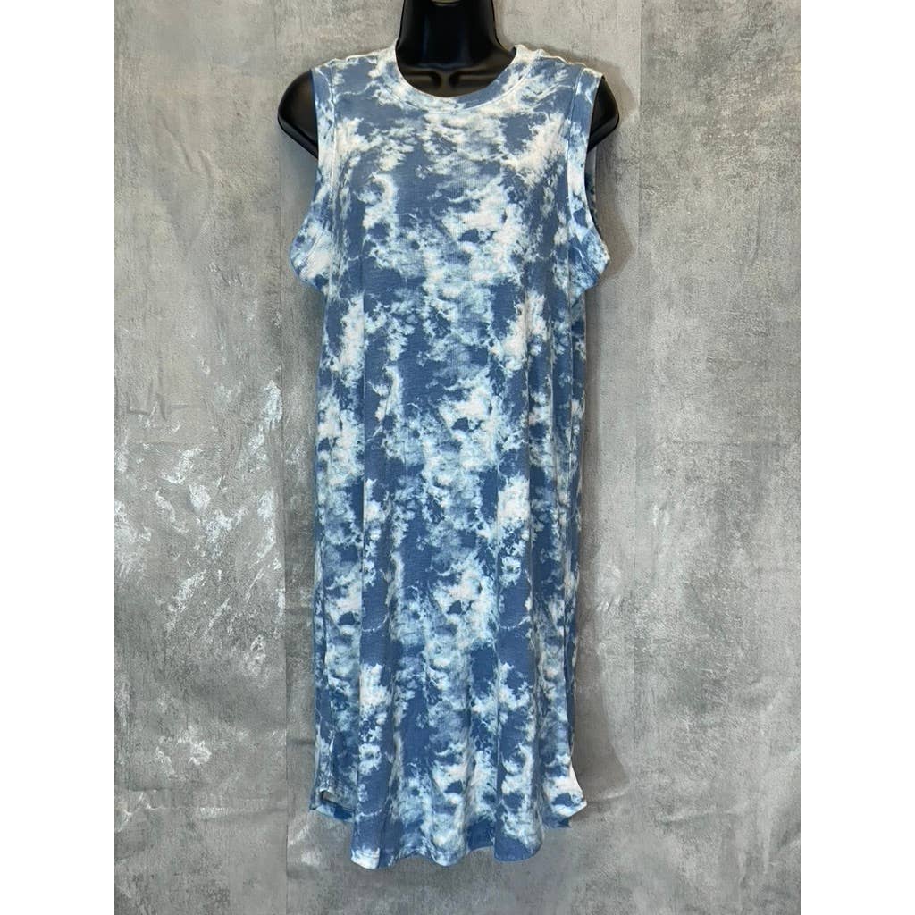 BOBEAU Women's Blue Tie-Dye Ribbed Knit Sleeveless Crewneck Mini Dress SZ M