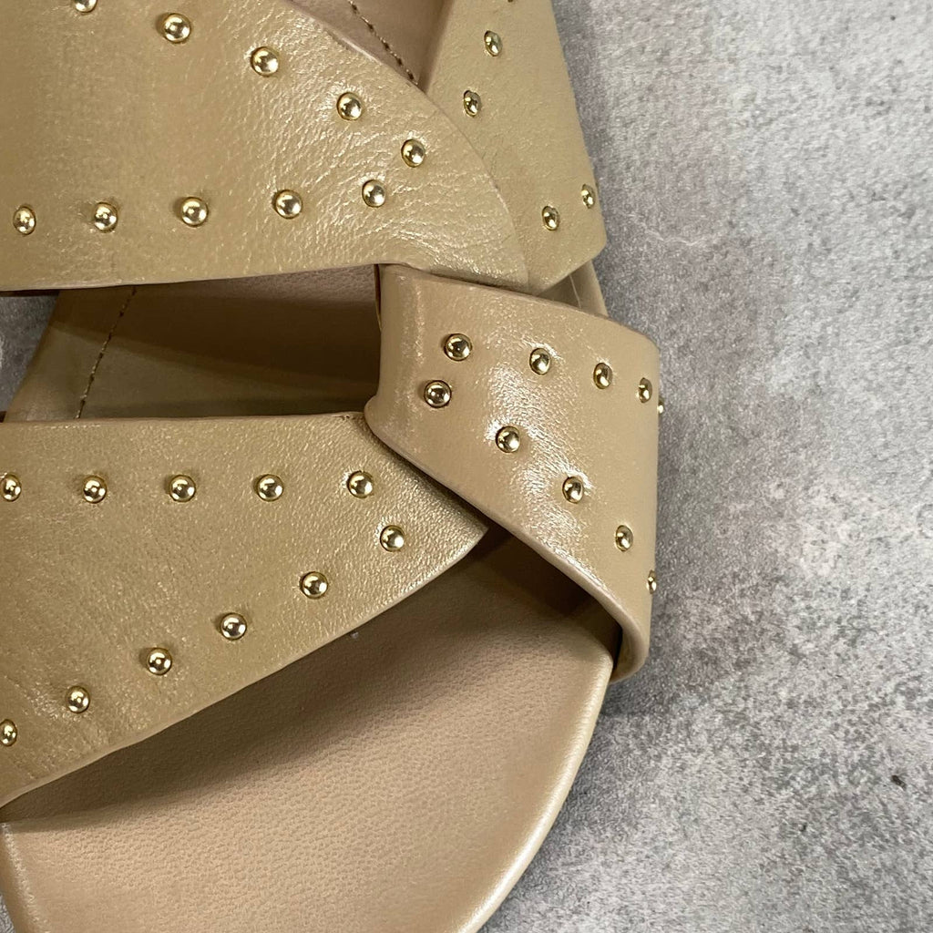 ALFANI Step 'N Flex Women's Nude Leather Danicah Studded Slide Flat Sandals SZ 6