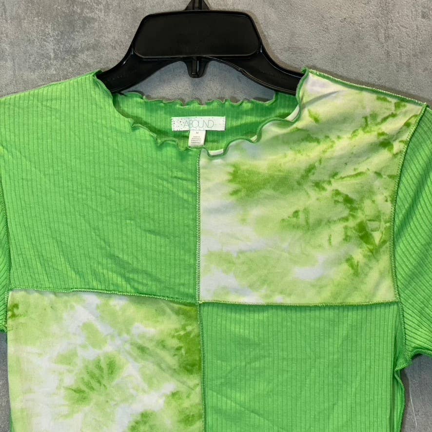 ABOUND Women's Green Summer Tie-Dye Colorblock Lettuce Edge Rib Short Sleeve Top SZ M
