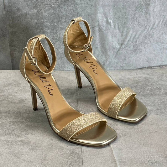 WILD PAIR Women's Light Gold Glitter Bethie Two-Piece Stiletto Dress Sandals SZ7