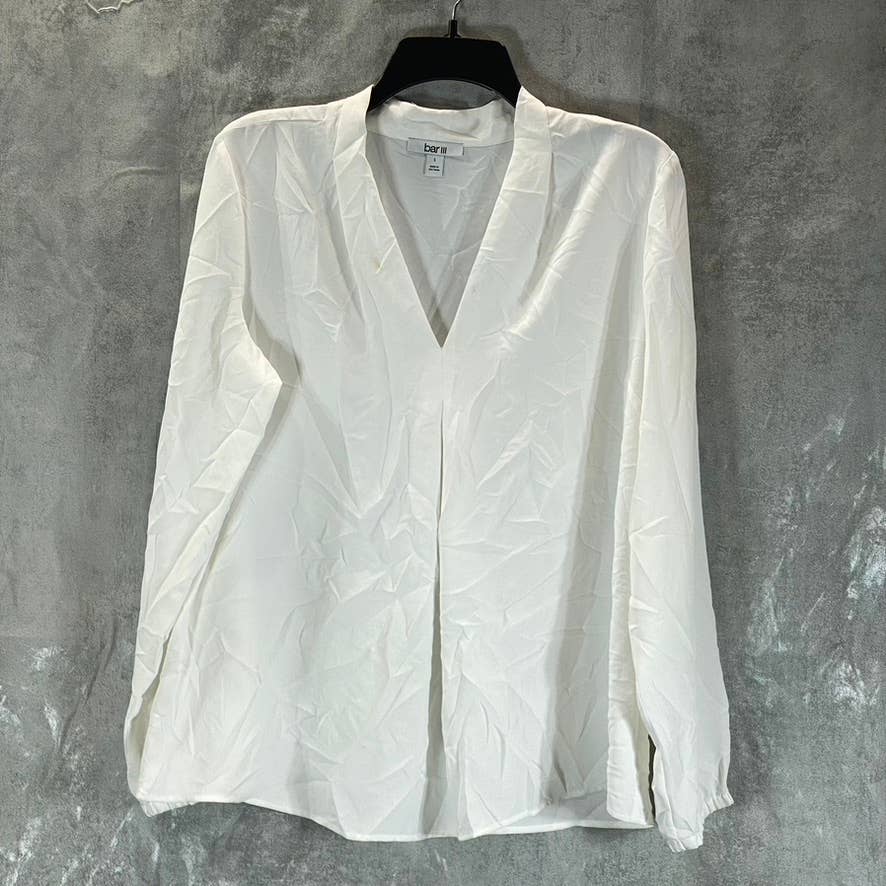 BAR III Women's Lily White Inverted-Pleat V-Neck Long-Sleeve Top SZ L