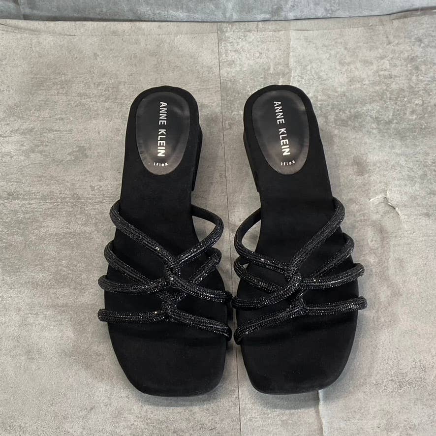 ANNE KLEIN Women's Black Nikole Rhinestone Embellished Square-Toe Sandals SZ 8.5