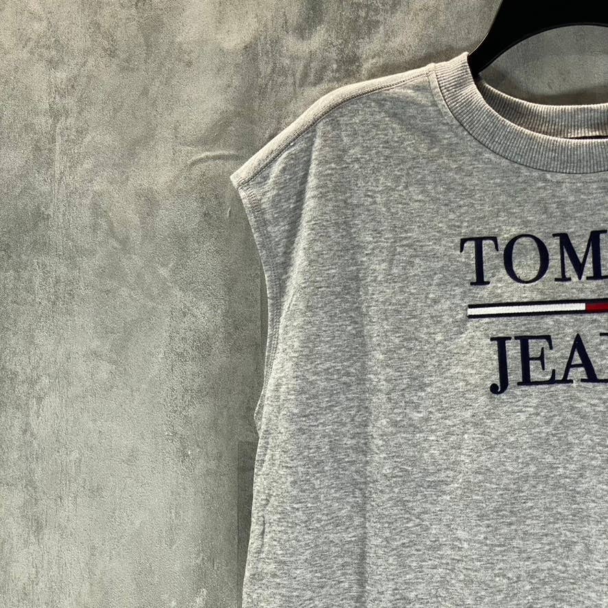 TOMMY JEANS Women's Stone Grey Heather Crewneck Cap-Sleeve Logo Mini Dress SZ M