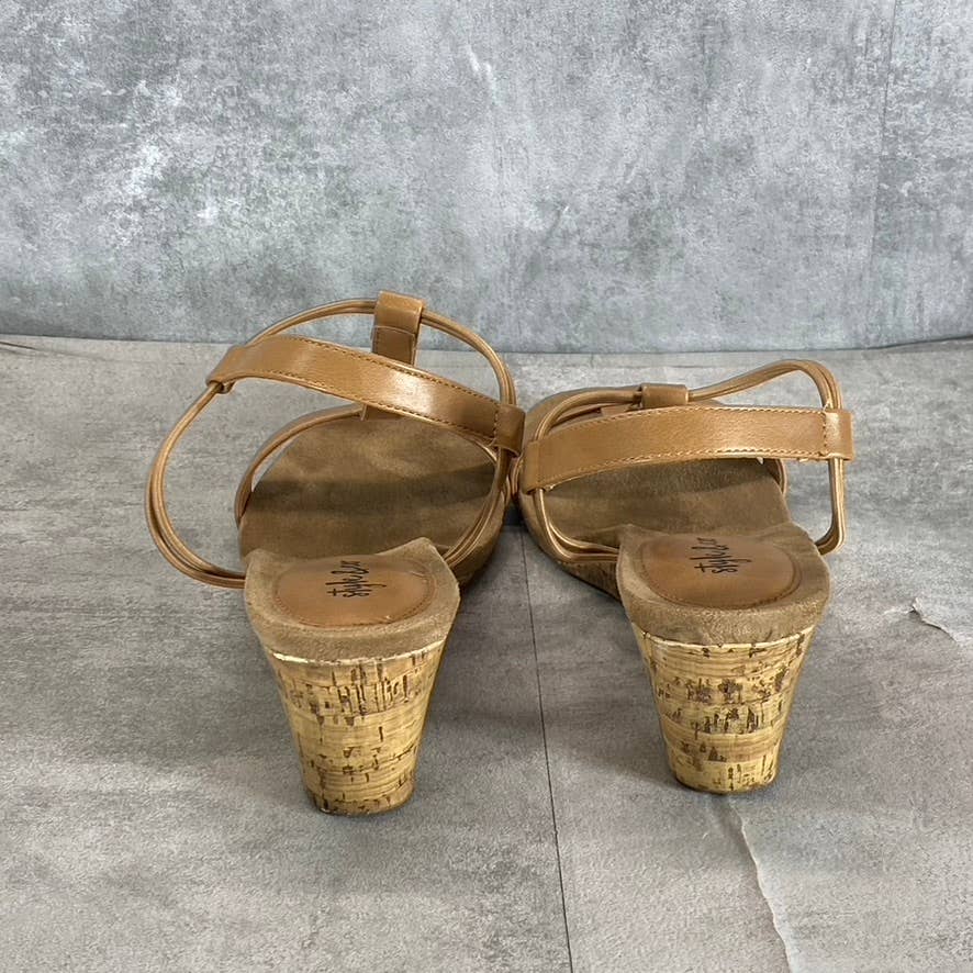 STYLE & Co Women’s Medium Tan Mulan T-Strap Slingback Wedge Sandals SZ 9.5