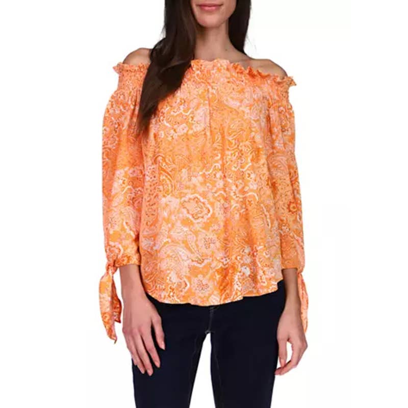 MICHAEL MICHAEL KORS Women's Petite Nectarine Paisley Off-The-Shoulder Top SZP/M