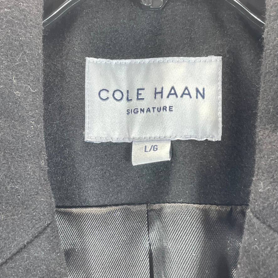 COLE HAAN SIGNATURE Men's Black Solid Classic-Fit Melton Wool-Blend Topcoat SZ L