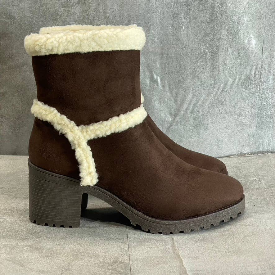 OLIVIA MILLER Women's Brown Faux-Sterling Trim Round-Toe Block-Heel Booties