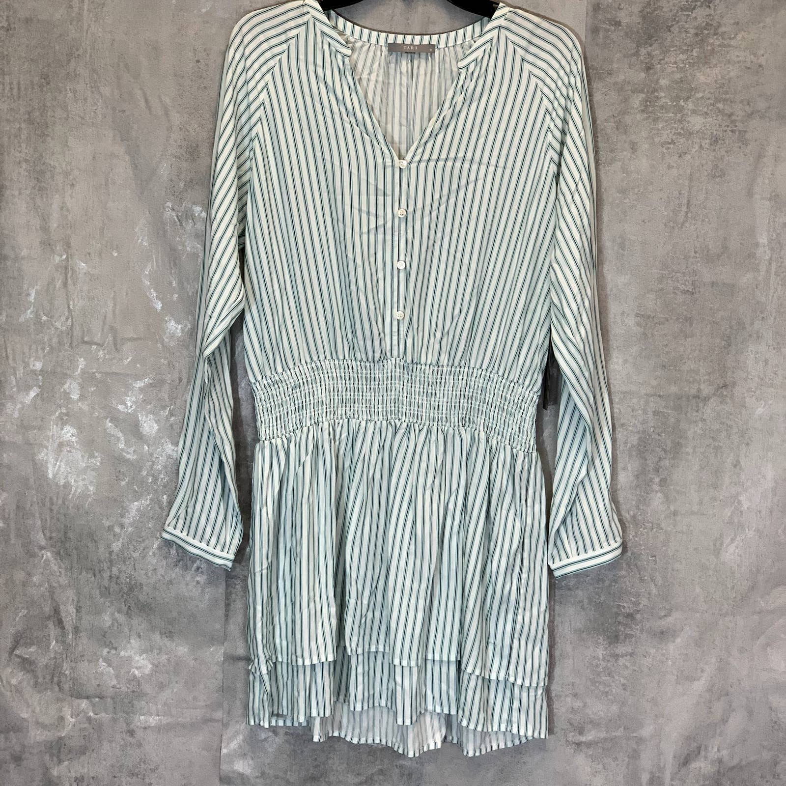 TART Collections Women's Green Stripe Sheila Smocked Waist Long Sleeve V-Neck Mini Dress SZ M